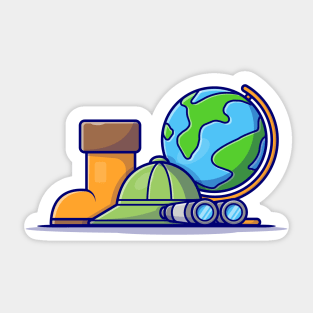 Boot Shoes with Hat, Binoculars and Globe World Cartoon Vector Icon Illustration Sticker